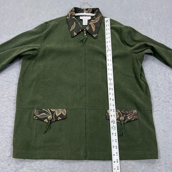 Susan Graver Style Jacket Women's XL Green Suede Flap Pocket Floral Tapistry - Picture 6 of 12